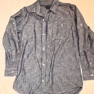 Faux denim button-down blouse